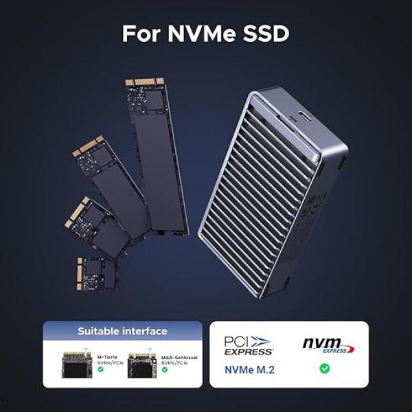 40Gbps M.2 NVMe SSD Enclosure, External SSD Drive with Double-Sided Fin Heat Dissipation