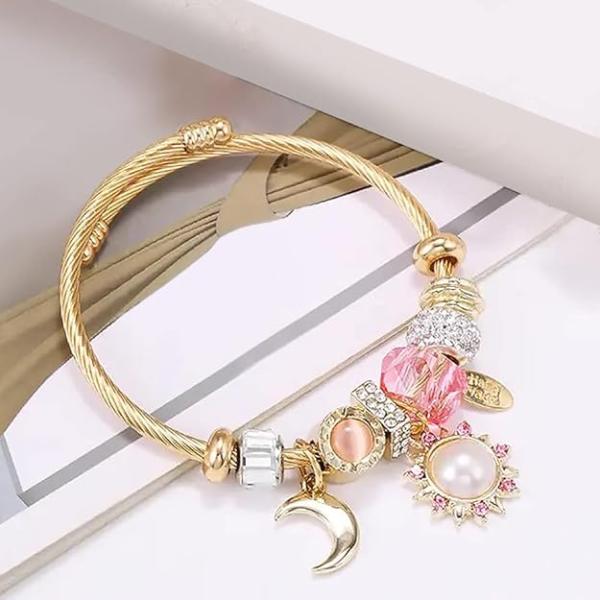 Synthetic Stone Studded Gold Plated Charm Bracelet Fashion Adjustable Stylish Jewellery Gift for Girls & Women