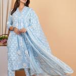 Women's Cotton Calf Length V-Neck Botanical Print Regular Fitted Anarkali Kurta