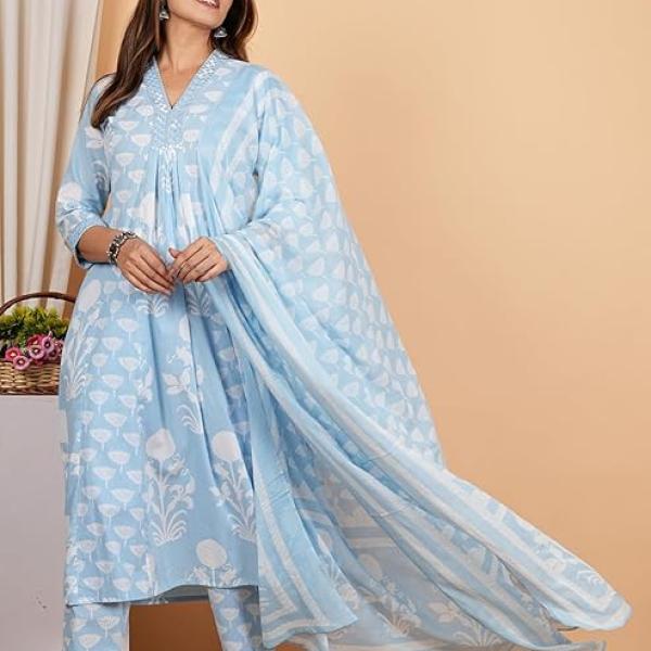 Women's Cotton Calf Length V-Neck Botanical Print Regular Fitted Anarkali Kurta