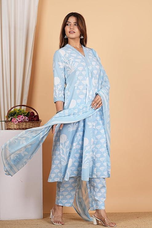 Women's Cotton Calf Length V-Neck Botanical Print Regular Fitted Anarkali Kurta