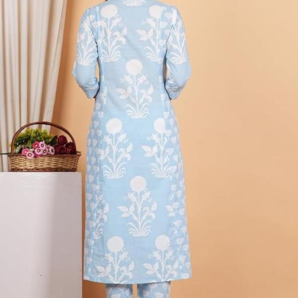 Women's Cotton Calf Length V-Neck Botanical Print Regular Fitted Anarkali Kurta