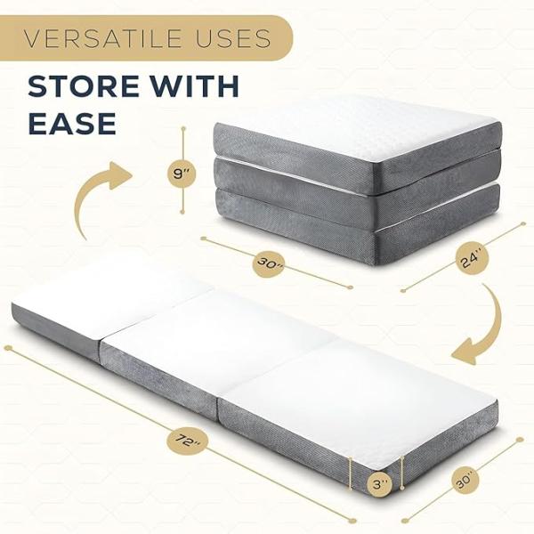 Premium Foldable Mattress for Floor Single Bed Sleeping, Travel Bed&Camping|3-Fold, Portable, Compact, Easy to Store (72 x 30 x 3),Black and White