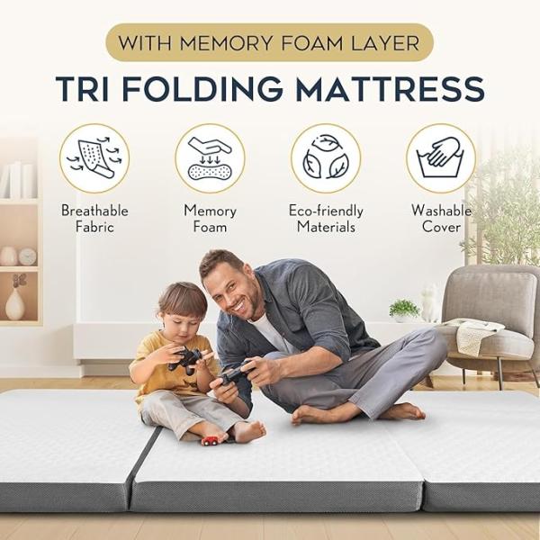 Premium Foldable Mattress for Floor Single Bed Sleeping, Travel Bed&Camping|3-Fold, Portable, Compact, Easy to Store (72 x 30 x 3),Black and White