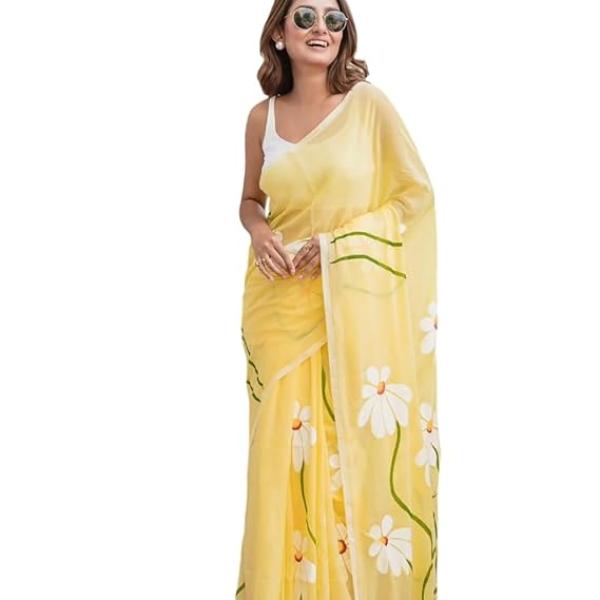 Linen Cotton saree with digital floral print and latkan work |  flower design | Unstitched blouse