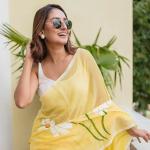 Linen Cotton saree with digital floral print and latkan work |  flower design | Unstitched blouse