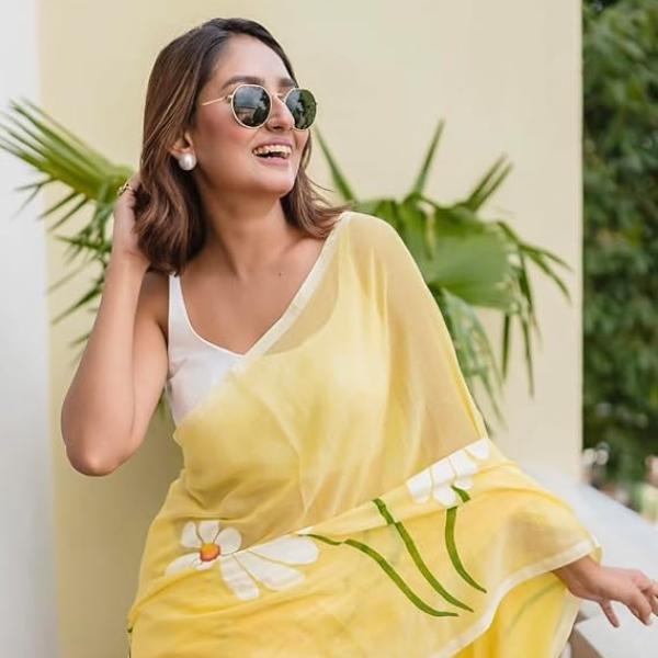 Linen Cotton saree with digital floral print and latkan work |  flower design | Unstitched blouse