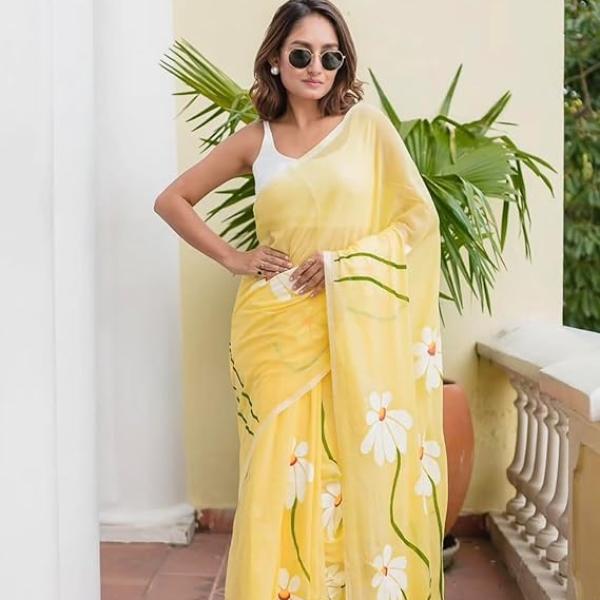 Linen Cotton saree with digital floral print and latkan work |  flower design | Unstitched blouse