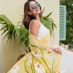 Linen Cotton saree with digital floral print and latkan work |  flower design | Unstitched blouse