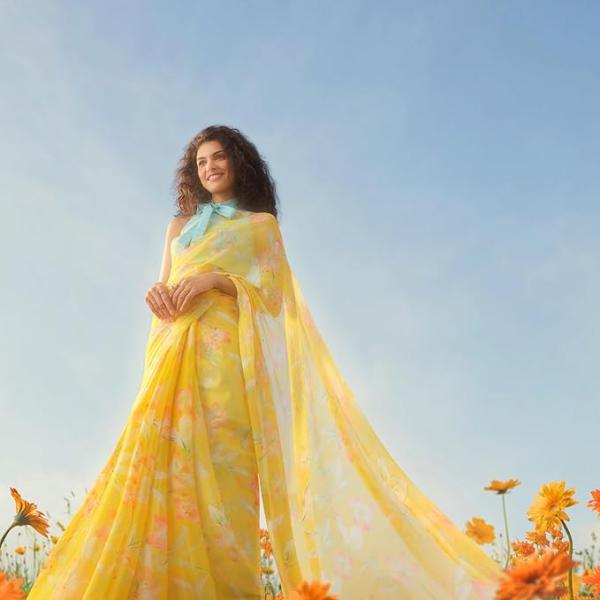Floral Print Nara Chiffon Yellow Saree