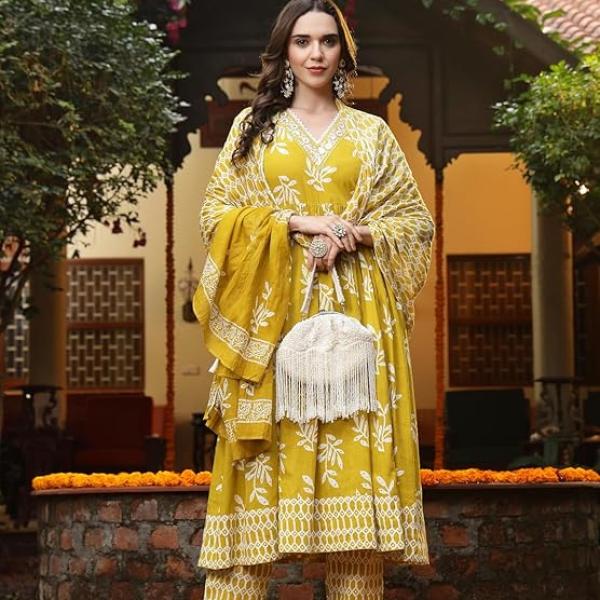 Women's Floral Printed Cotton Anarkali Kurta Pant Dupatta Set